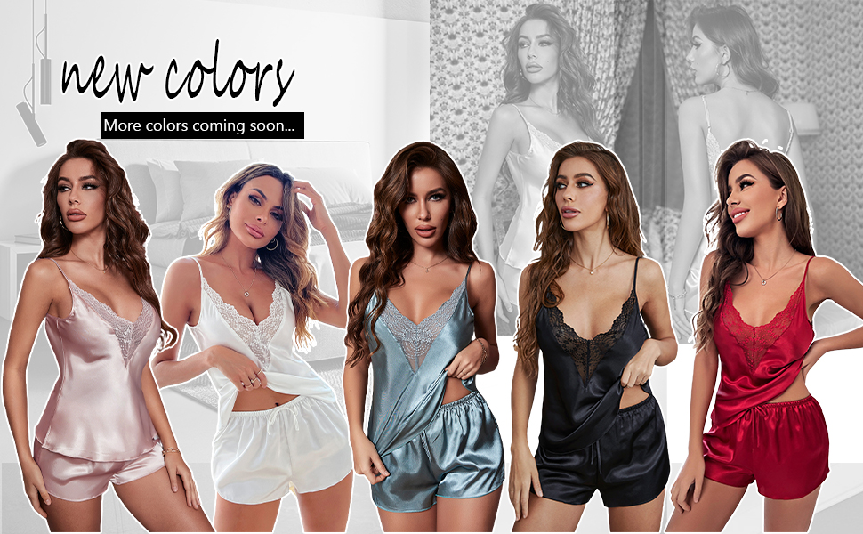 Women's Satin Silk Mesh Lace Deep V Neck Sleepwear Cami Top and Shorts 2 Piece Pajamas Set Nightwear