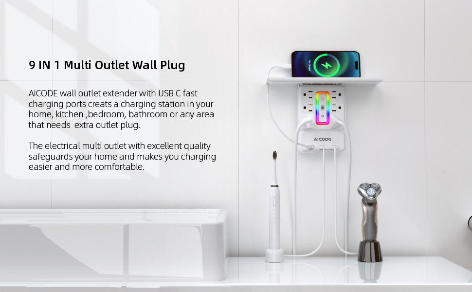 AICODE Multi Plug Outlet, Wall Outlet Extender with Nightlight and Outlet Shelf, Socket Shelf