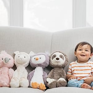 little boy couch baby toothpick stuffed animal plush flamingo llama owl sloth baby gund