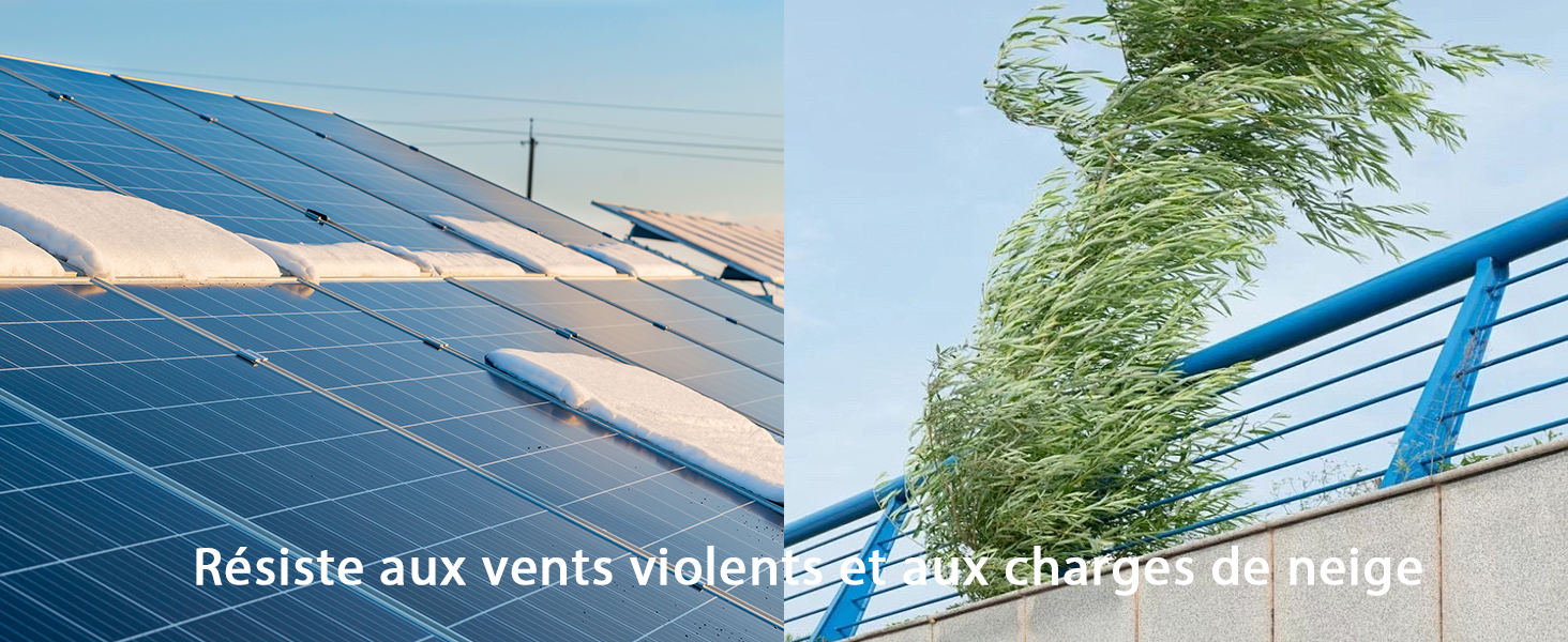 : La gauche montre des panneaux solaires sur un toit incurvé. La droite montre un feuillage vert soufflé par vent fort contre une balustrade bleue, démontrant ainsi sa résistance aux conditions météorologiques extrêmes