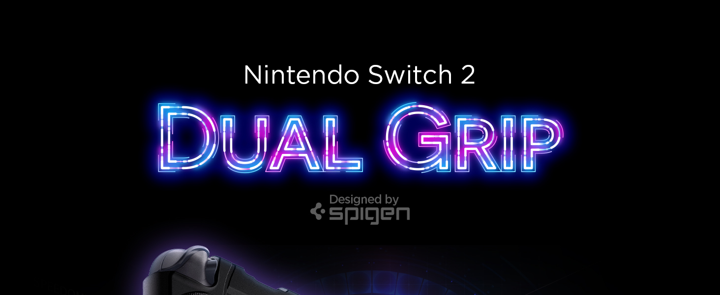 pour Nintendo Switch 2 appelé « Dual Grip » conçu par Spigen. Affiche du texte en néon et une vue partielle d'une poignée de manette grise sur fond sombre.