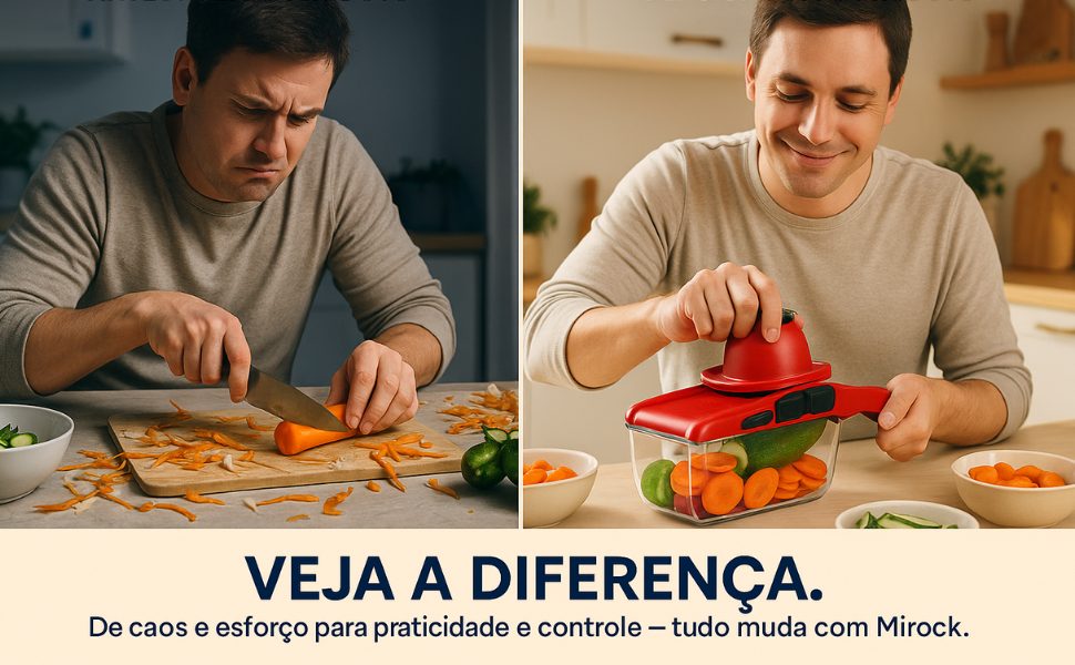 antes e depois, comparação visual, sem o produto, com o cortador, caos na cozinha, ordem com Mirock