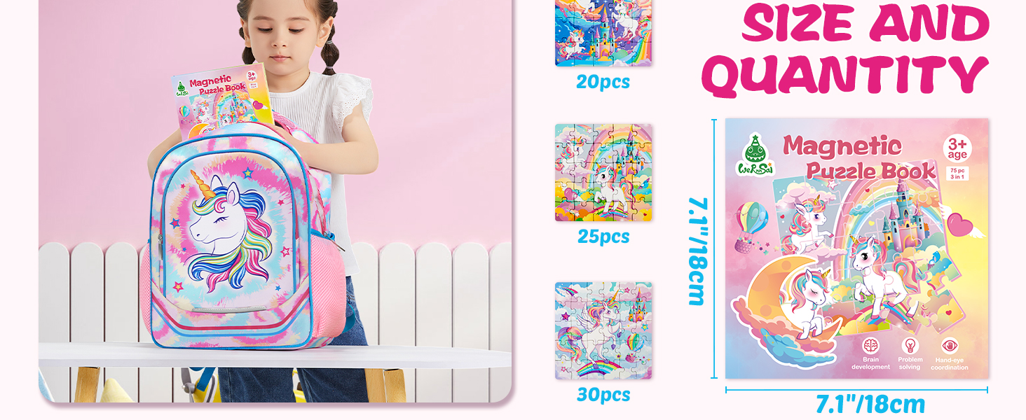 Unicorn-themed backpack with magnetic puzzle book set, featuring pink and blue colors. Product dimensions shown as 7.1 inches with multiple puzzle pieces included.