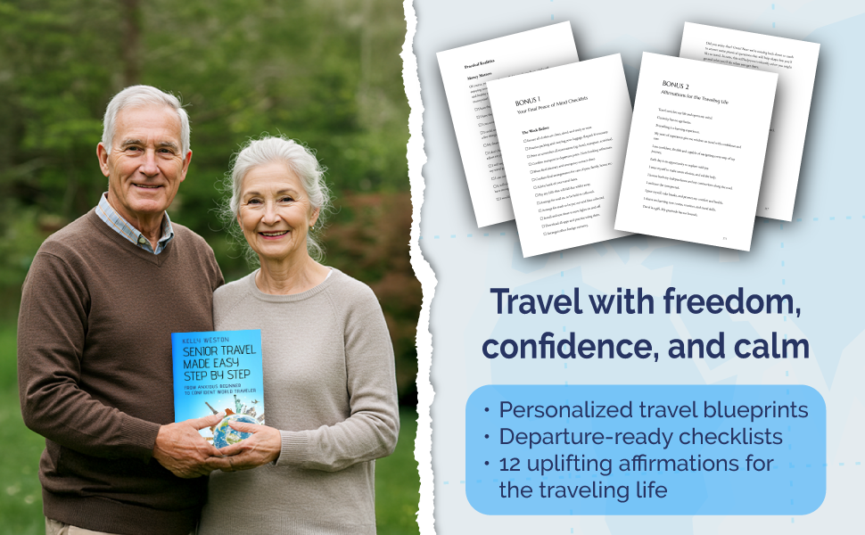 Couple holding Senior Travel Made Easy Step By Step plus bonuses