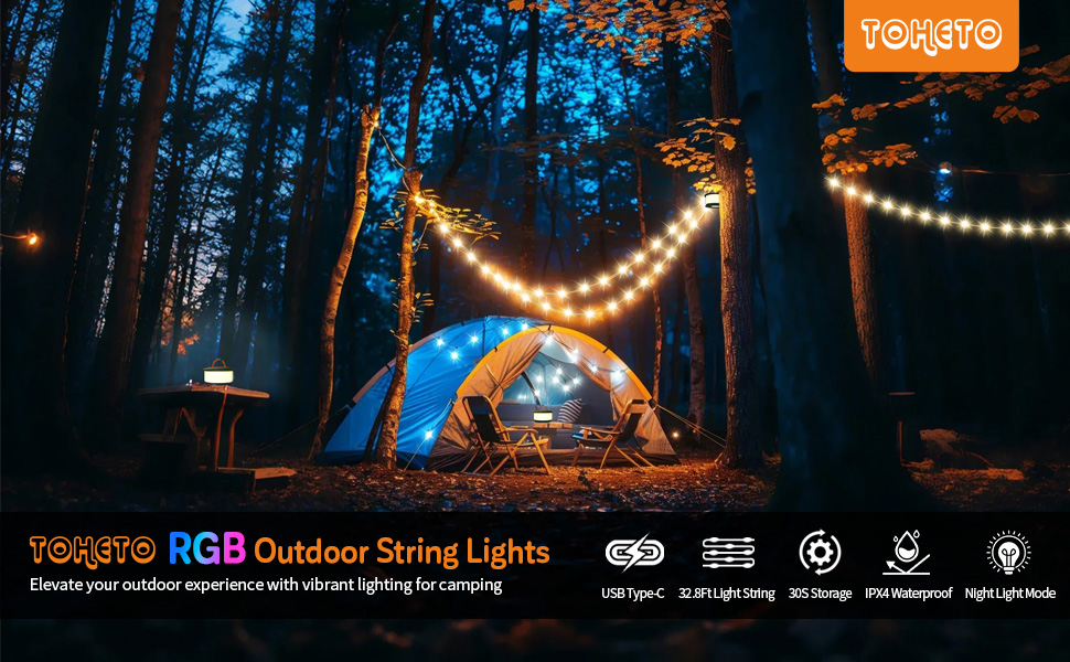 TOHETO Camping String Lights, 3 in 1 Upgraded Retractable