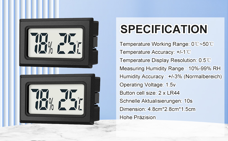 Der Text lautet „SPEZIFIKATION“ mit technischen Details wie „Temperatur-Arbeitsbereich: 0℃ ~ 50℃“, „Auflösung der Temperaturanzeige: 0,5℃“, „Betriebsspannung: 1,5 V“. Digitale Anzeigegeräte, die Temperatur- und Feuchtigkeitswerte anzeigen.