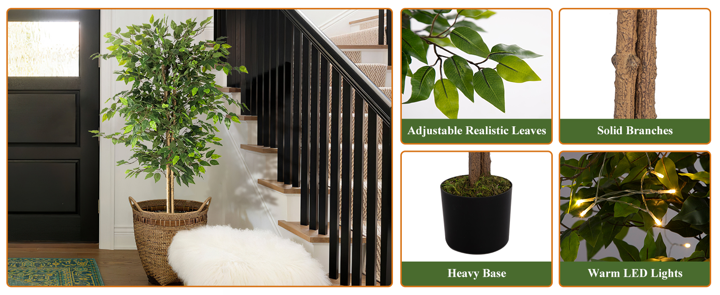 NeuType Artificial Ficus Tree 5FT, 2Packs Fake Ficus Tree Plant with Warm White LED