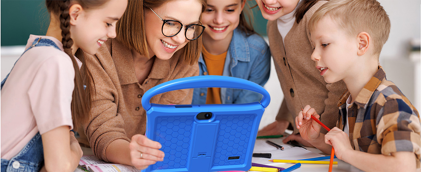a group of children looking at a tablet computer