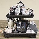 mini rustic rectangle felt letterboard on rectangle tiered tray with candle and woodbead garland