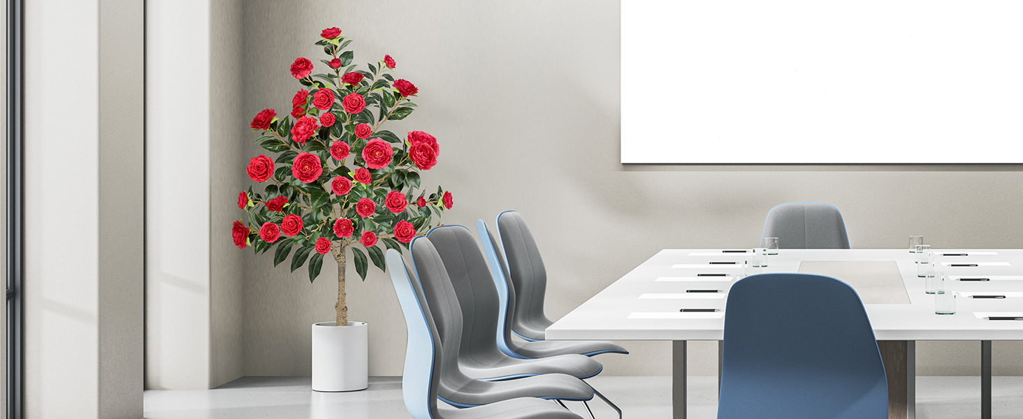 Artificial Camellia Tree,4ft Tall Red Fake Camellia Trees