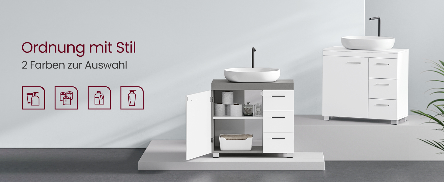 Fehér fürdőszobai mosdógarnitúra mosdóval, tárolószekrénnyel és fiókokkal. Minimalista dizájn egy modern fürdőszobában.