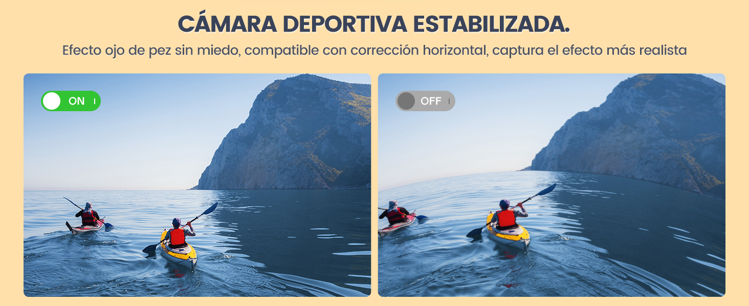 El texto dice «CÁMARA DEPORTIVA ESTABILIZADA». Varias imágenes muestran a una persona navegando en kayak sobre las olas del océano, demostrando la tecnología de estabilización de la cámara.