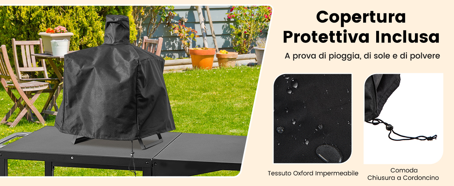 un tavolo pieghevole nero con una copertura nera sopra.