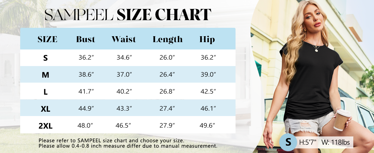SAMPEEL size chart for side ruched tops vacation outfits