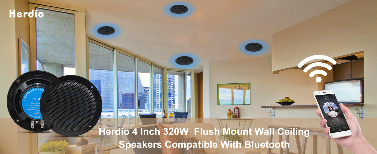 Description Picture 2 of itemHerdio 4‘’ 320W Ceiling Bluetooth Speakers 2 Way Flush Mount Ceiling Speakers For Bathroom Kitchen Home Theater Black 2 pair