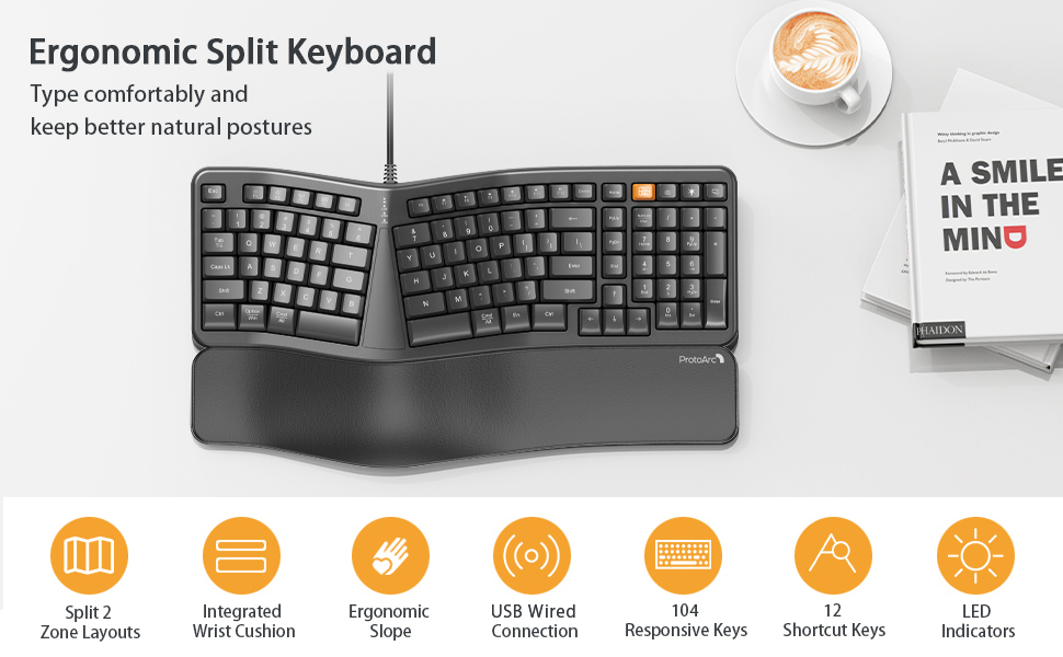 ProtoArc Backlit Wired Ergonomic Keyboard black 531-3 A+