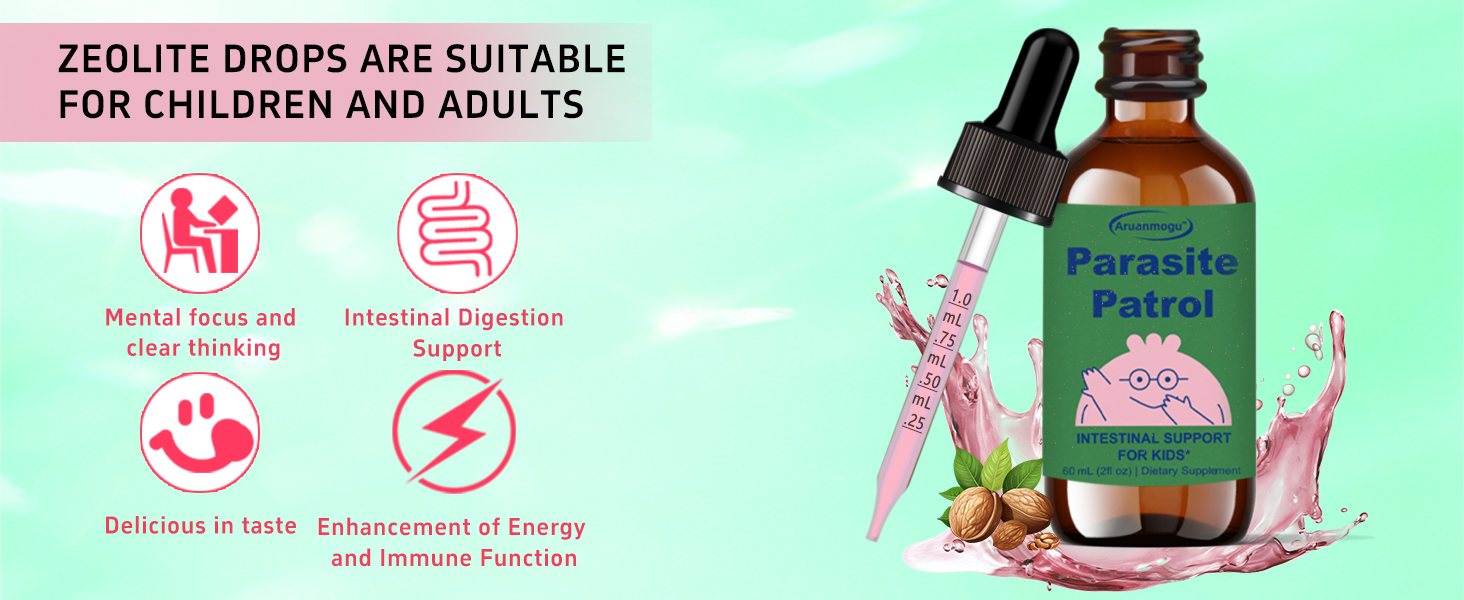 Text reads 'ZEOLITE DROPS ARE SUITABLE FOR CHILDREN AND ADULTS'. Product information banner with pink background and simplified icon illustrations.