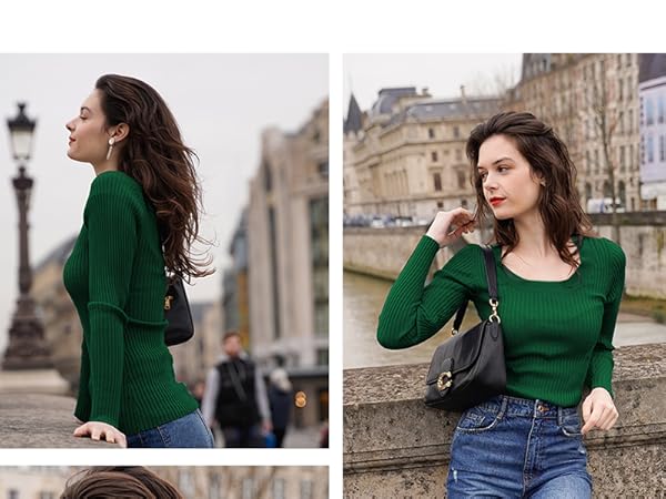 v28 Women Scoop Neck U-Neck Knit Long Sleeve Slim Fit Ribbed