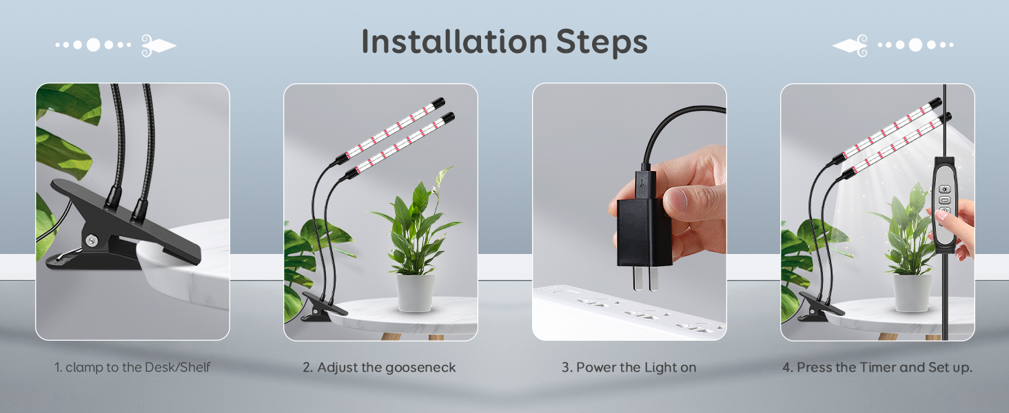 clip plant grow light installation steps,clamp to the desk or shelf,adjust the gooseneck