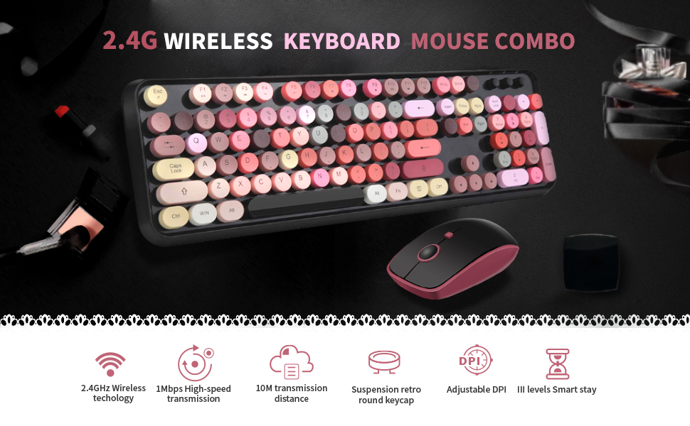 SADES V2020 Wireless Keyboard and Mouse Combo, Black Colorful with Round Keycaps,2