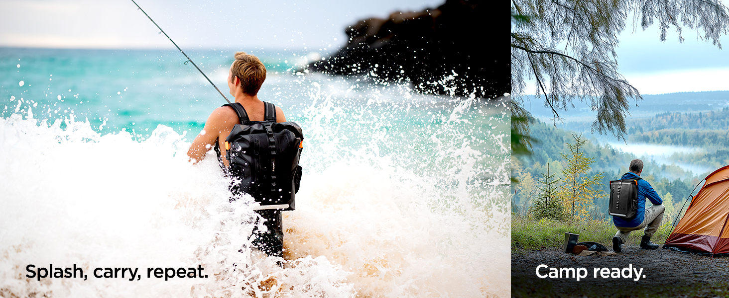 Composite image of waterproof backpack in use. Left: Person wearing backpack while fishing in ocean surf. Right: Hiker with backpack near camping tent in forested area.
