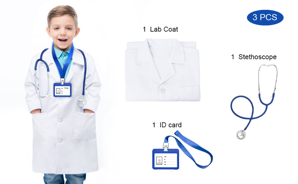 White Lab Coat for Kids, Doctor Coat with Working Stethoscope&ID Card,Doctor Scientist Dress Up 