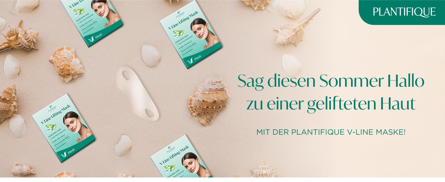 Plantifique V-Line Lifting Mask on a sandy beach with seashells