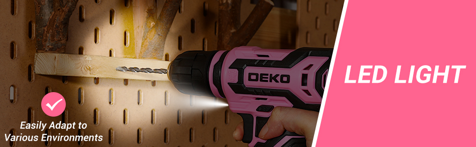 Power drill with LED light feature shown in use on a pegboard. Text highlights easy adaptability to various environments.