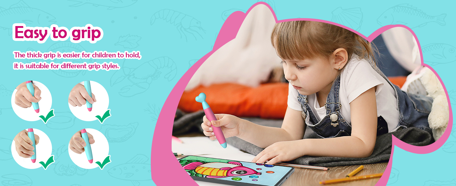 Illustration demonstrating proper pencil grip for children, with four hand positions shown. A child is pictured drawing on paper.