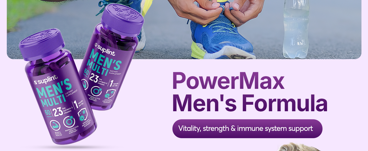 Text reads 'PowerMax Men's Formula'. Image shows purple supplement bottles with text indicating vitality, strength & immune system support.