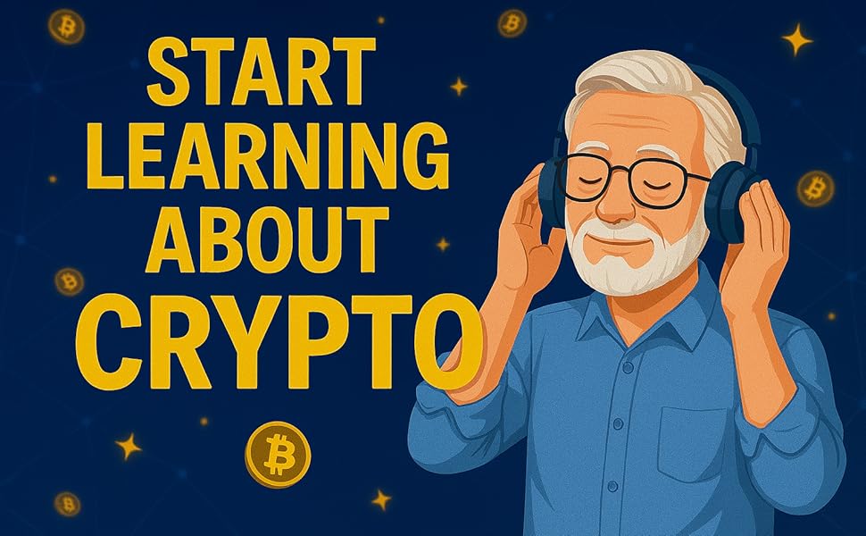 man listening with headphones and the words start learning about crypto