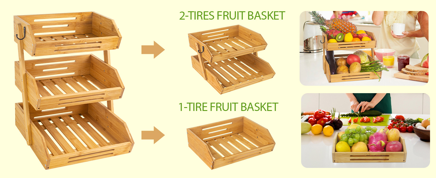 SINBDLAI Bamboo Fruit Basket, 3 Tier Fruit Basket for