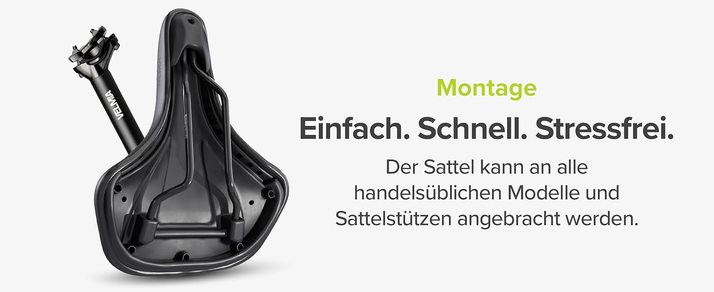 Schwarzer Fahrradsattel mit Befestigungsmaterial in der Profilansicht. Der deutsche Text weist auf eine einfache und schnelle Montage hin, die mit herkömmlichen Fahrradsattelstützen kompatibel ist.
