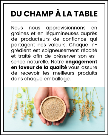 Texte français sur l'approvisionnement alimentaire au-dessus d'une image montrant des mains tenant un bol de grains dorés sur des éléments botaniques séchés.