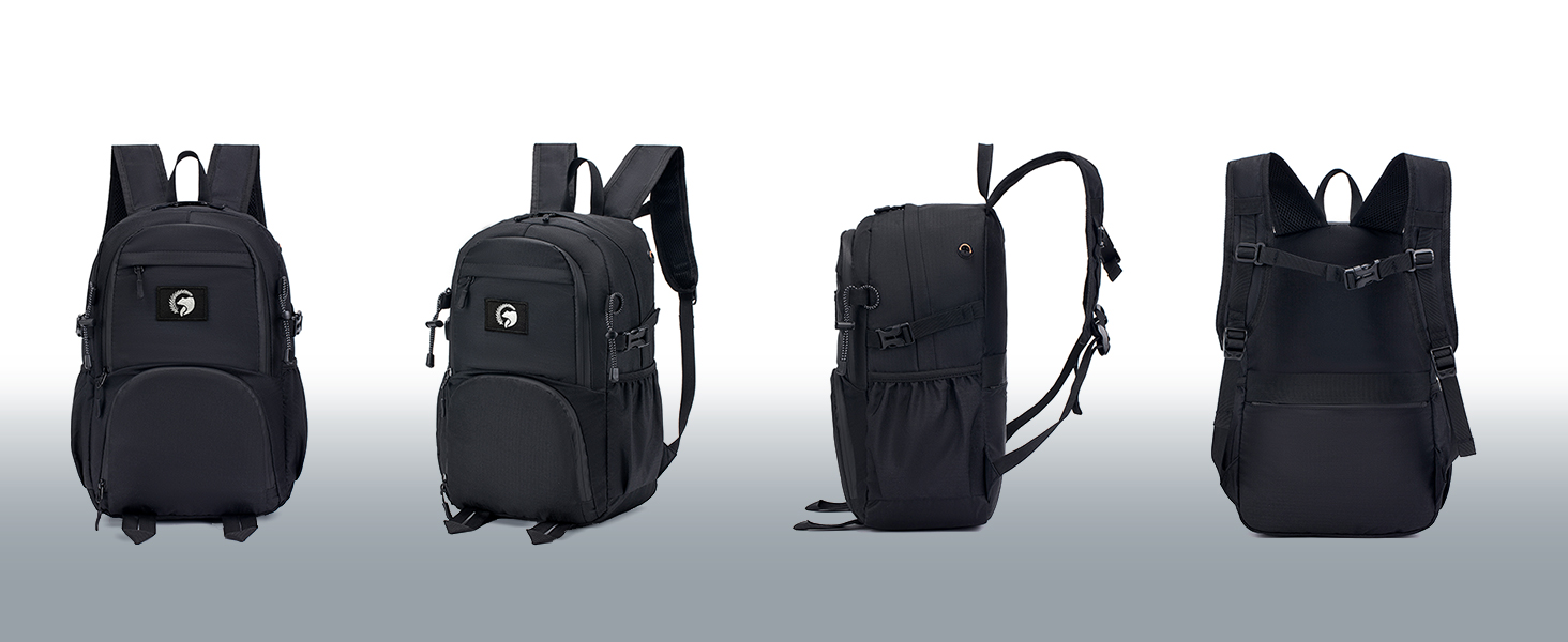 Quatre vues d'un sac à dos noir avec de multiples compartiments et des bretelles rembourrées. Le sac à dos est doté d'un grand compartiment principal et de plusieurs petites poches pour l'organisation.