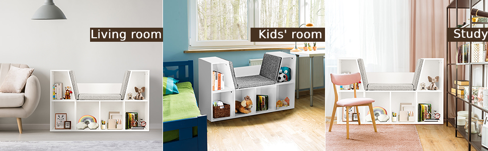 COSTWAY 6-Cube Kids Bookcase, Wooden Display Shelving Unit Organizer With Cushioned Reading Nook, Multi-Functional Storage Shelf Cabinet (White) 19 23