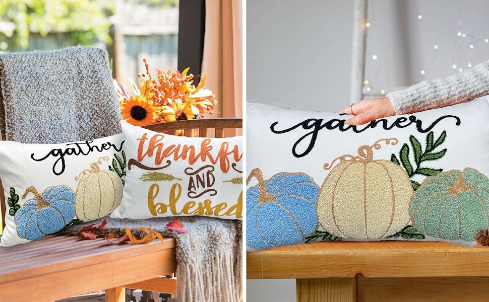 Molili Fall Decorative Throw Pillow Cover 12x20, Thanksgiving Pumpkin Tufted Couch