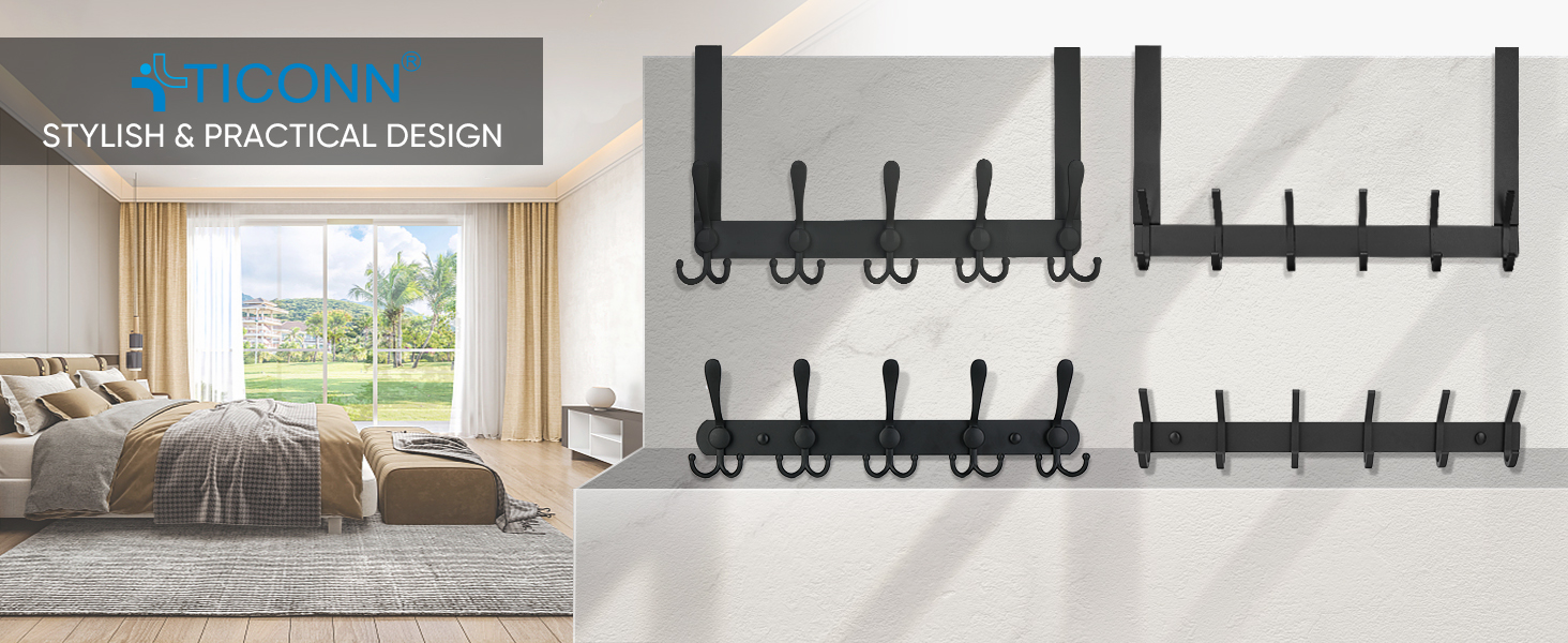 TICONN Wall Mounted Coat Rack 6 Heavy Duty Dual Hooks All