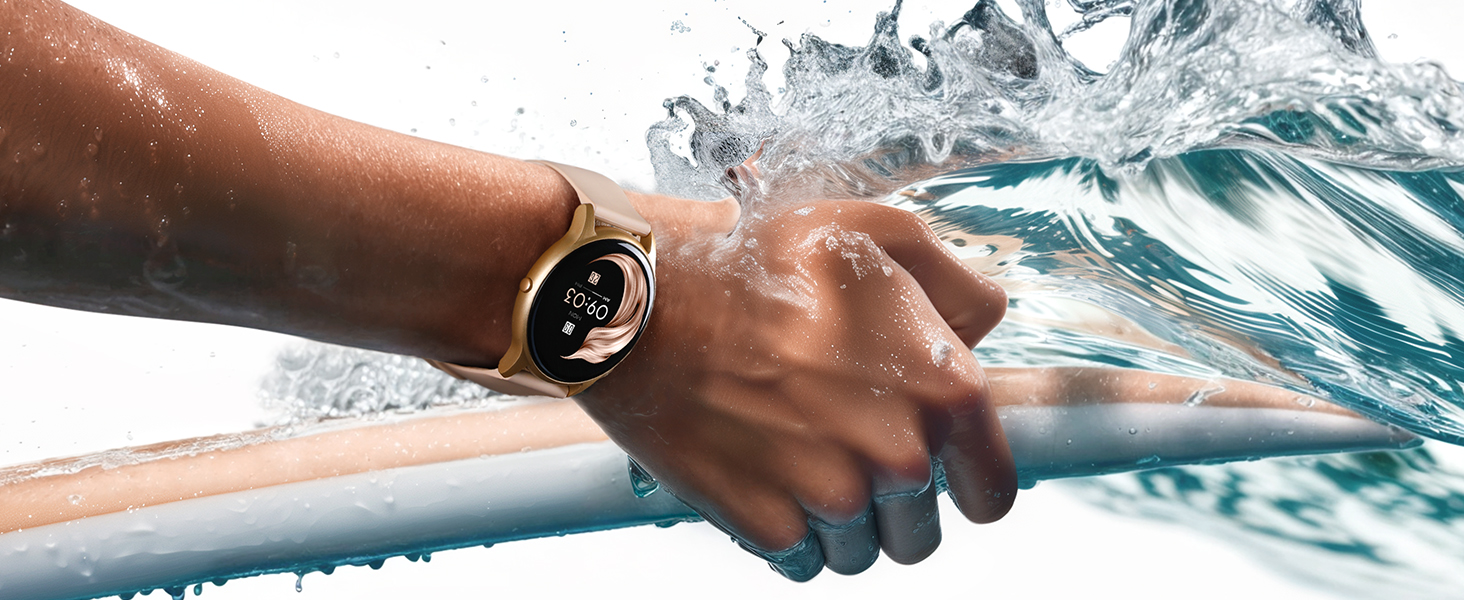 Close-up of a wrist wearing a round-faced watch, with a dramatic splash of water effect creating a dynamic motion blur.