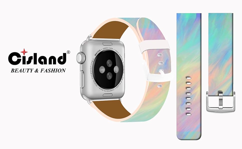 Amazon Com Bands Compatible With Iwatch 38mm 40mm Cisland Leather Strap Compatible With Apple Watch Series 1 2 3 4 5 6 7 Se Sport Edition Blue Rainbow Colorful Dreamlike Light Pattern Everything Else