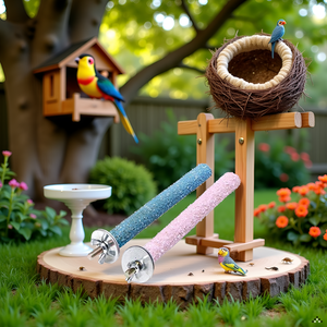 A cozy bird cage filled with wooden perches and toys, creating an inviting environment for the produ
