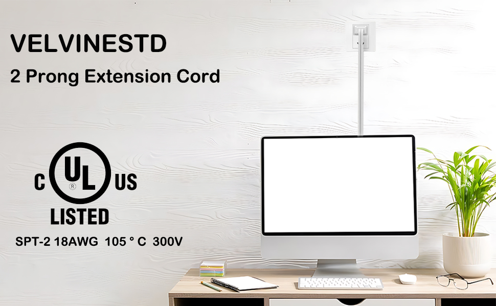 VELVINESTD 2 Prong Extension Cord, US Male and Female Power