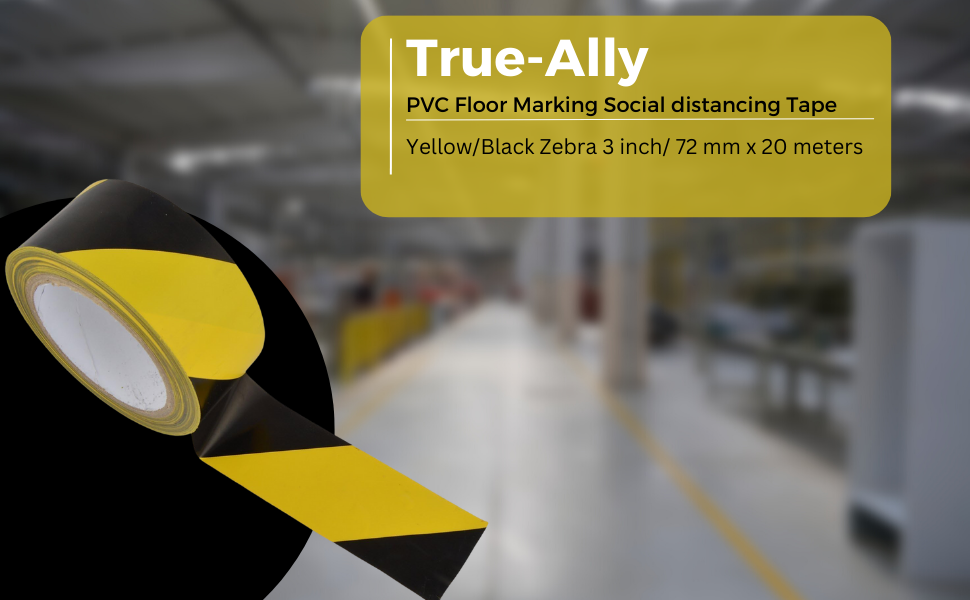 TrueAlly PVC Floor Marking Social distancing Tape Yellow/Black Zebra 3 inch/ 72 mm x 20 meters