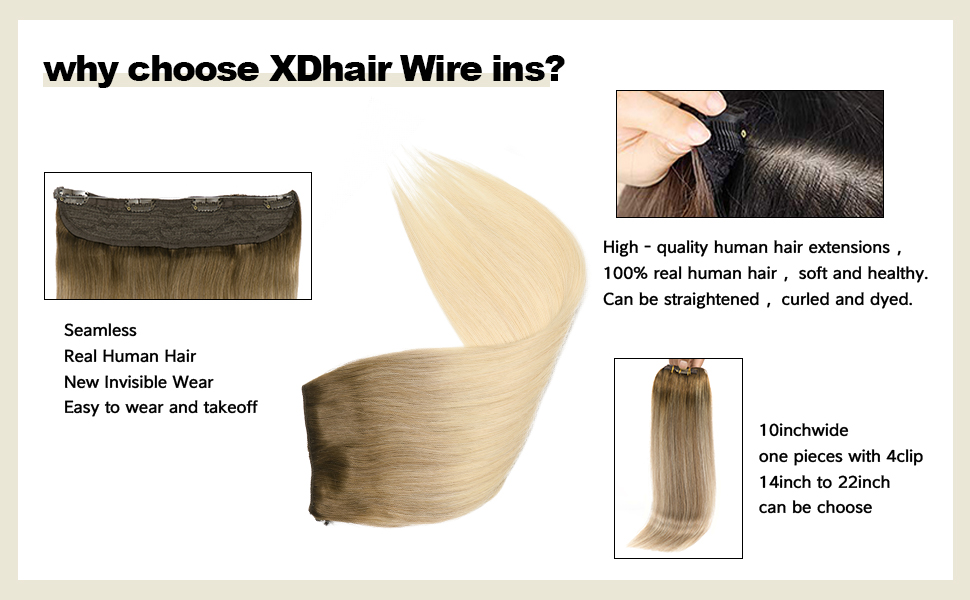 XDhair Fishing Line Hair Extensions Real Human Hair Brown Balayage