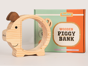 Unique personalized wooden piggy bank, a special gift for any child.