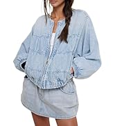 Lumister Womens Cropped Jean Jacket Oversized Zipped Long Sleeves Demin Jacket