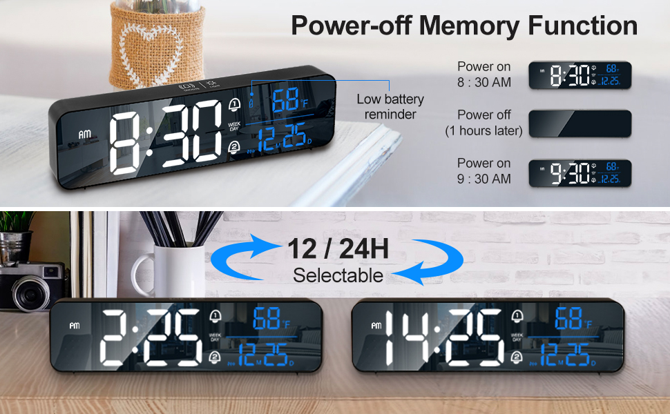 Digital Alarm Clock, Battery Powered LED Clock with USB