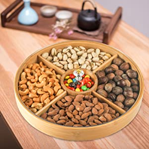 Bamboo Nuts Storage Platter Tray, Food Serving Tray with 5 Dining Grids