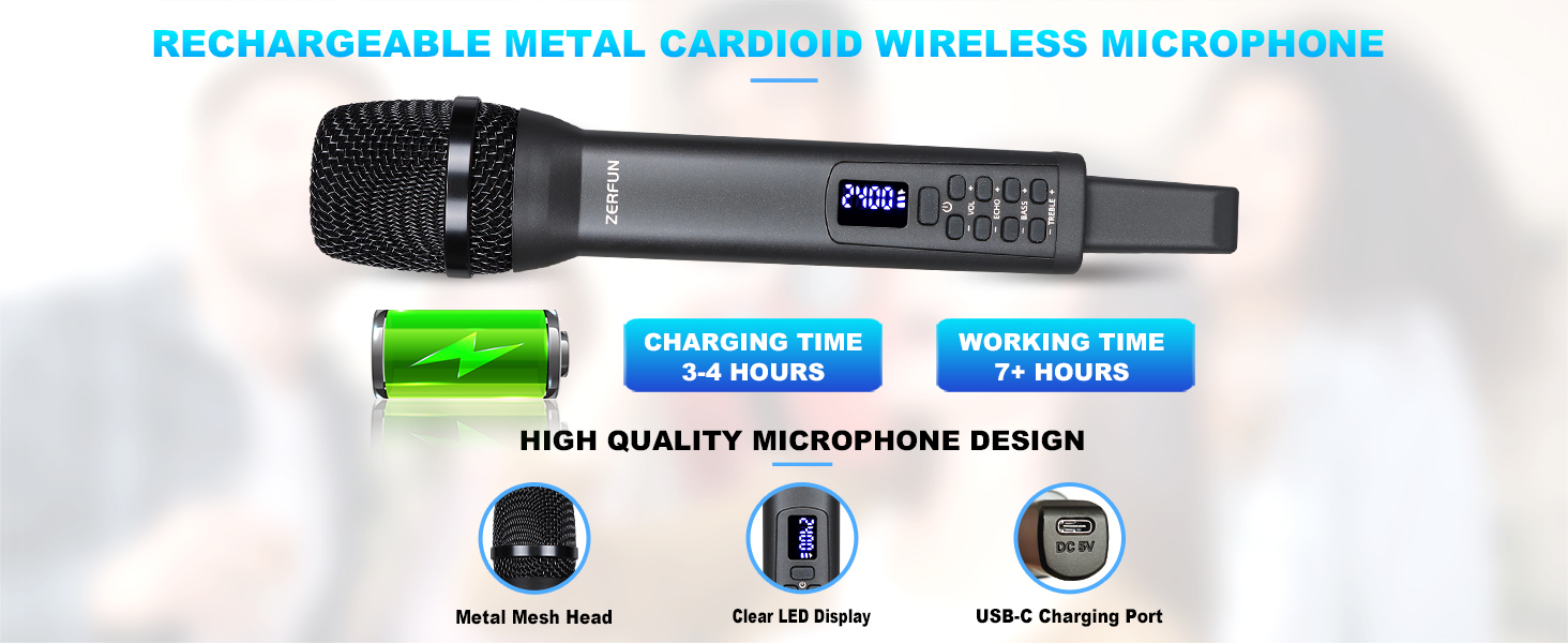ZERFUN Rechargeable Wireless Microphone, Pro Handheld