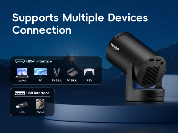 Schwarzes zylindrisches Gerät mit mehreren Anschlussmöglichkeiten. Unterstützt HDMI für Laptop, PC, TV-Stick, Fernseher, PS5 und USB für Flash-Laufwerk und Telefon. Das Gerät hat ein verstellbares Winkeldesign